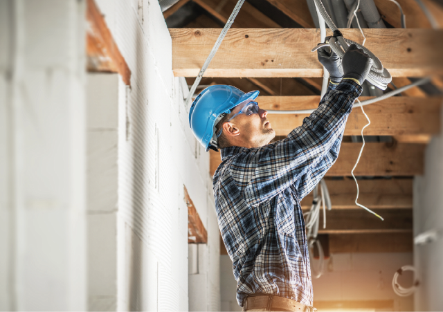 Construction site with workers building a structure
